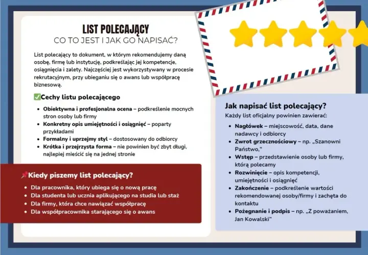 Ilustracja przedstawia fragment listu polecającego z gwiazdkami i tekstem informacyjnym.
