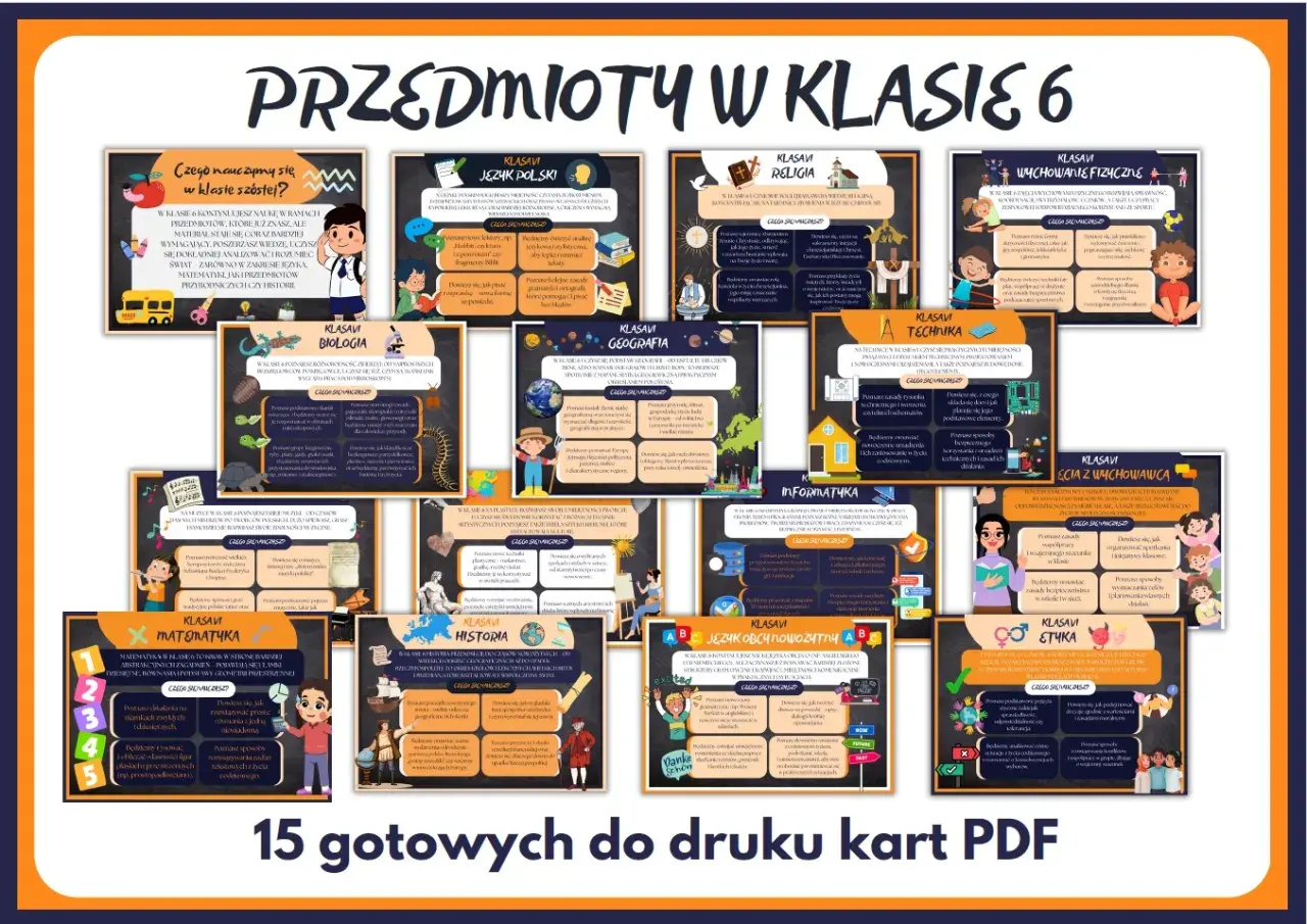 Przedmioty w klasie 6: język polski, matematyka, biologia, geografia, historia, technika, informatyka, wychowanie fizyczne, etyka, religia, języki obce.