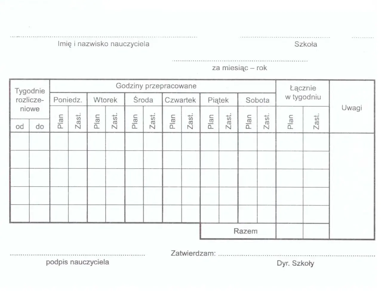 Formularz do rozliczania godzin przepracowanych, w tym godzin ponadwymiarowych, z podziałem na dni tygodnia i rodzaje zajęć (plan, zastępstwo).