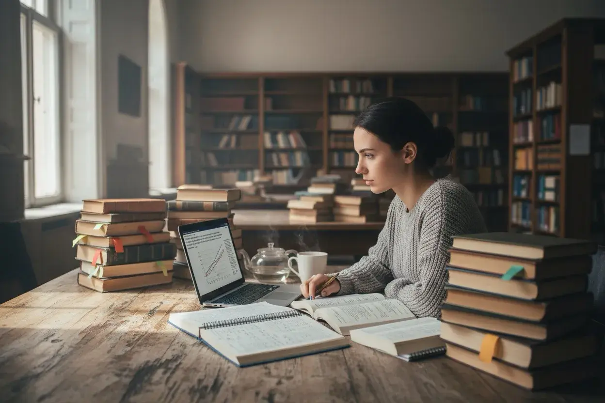 Studentka w bibliotece pochłonięta nauką. Zastanawia się, ile trwa doktorat, otoczona stertami książek i notatek.