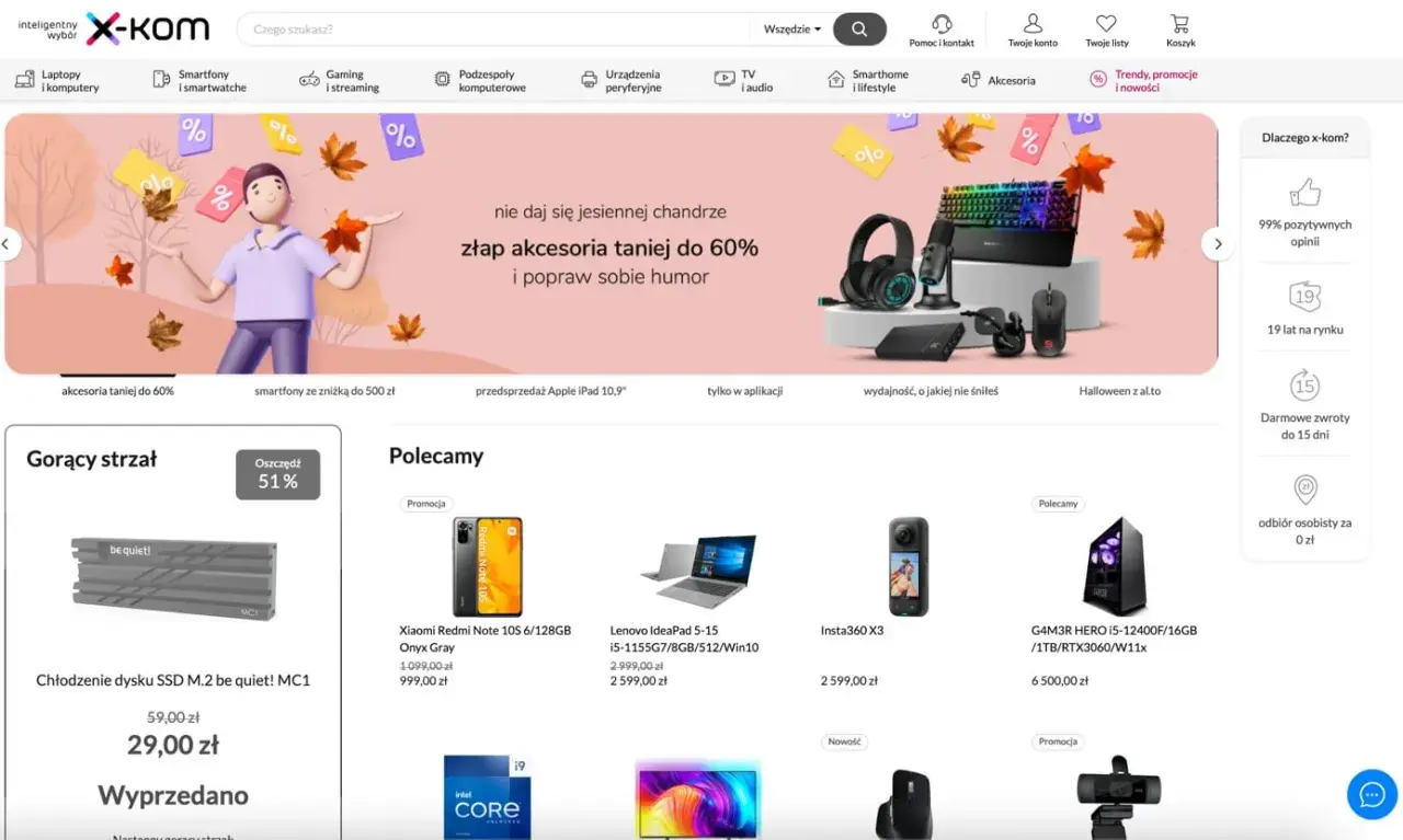 Strona tytułowa X-kom z jesienną promocją na akcesoria do 60% taniej.
