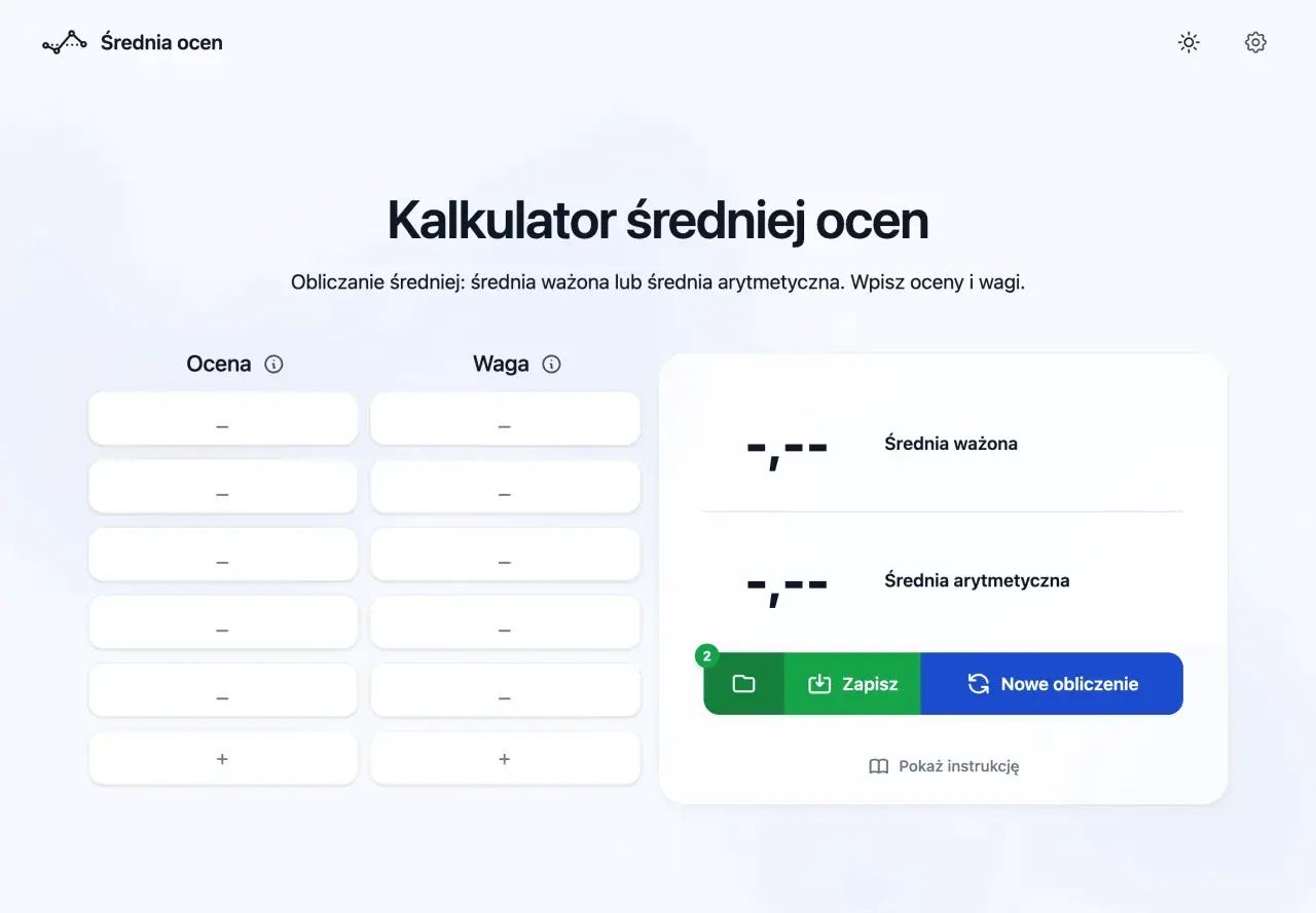Kalkulator średniej ocen na studiach pozwala na wpisanie ocen i wag, by obliczyć średnią ważoną lub arytmetyczną.