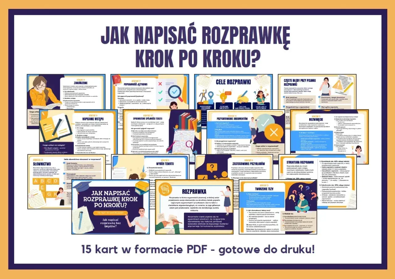 Grafika przedstawia materiały edukacyjne "Jak napisać rozprawkę krok po kroku?", zawierające 15 kart PDF z poradami, jak tworzyć rozprawki.