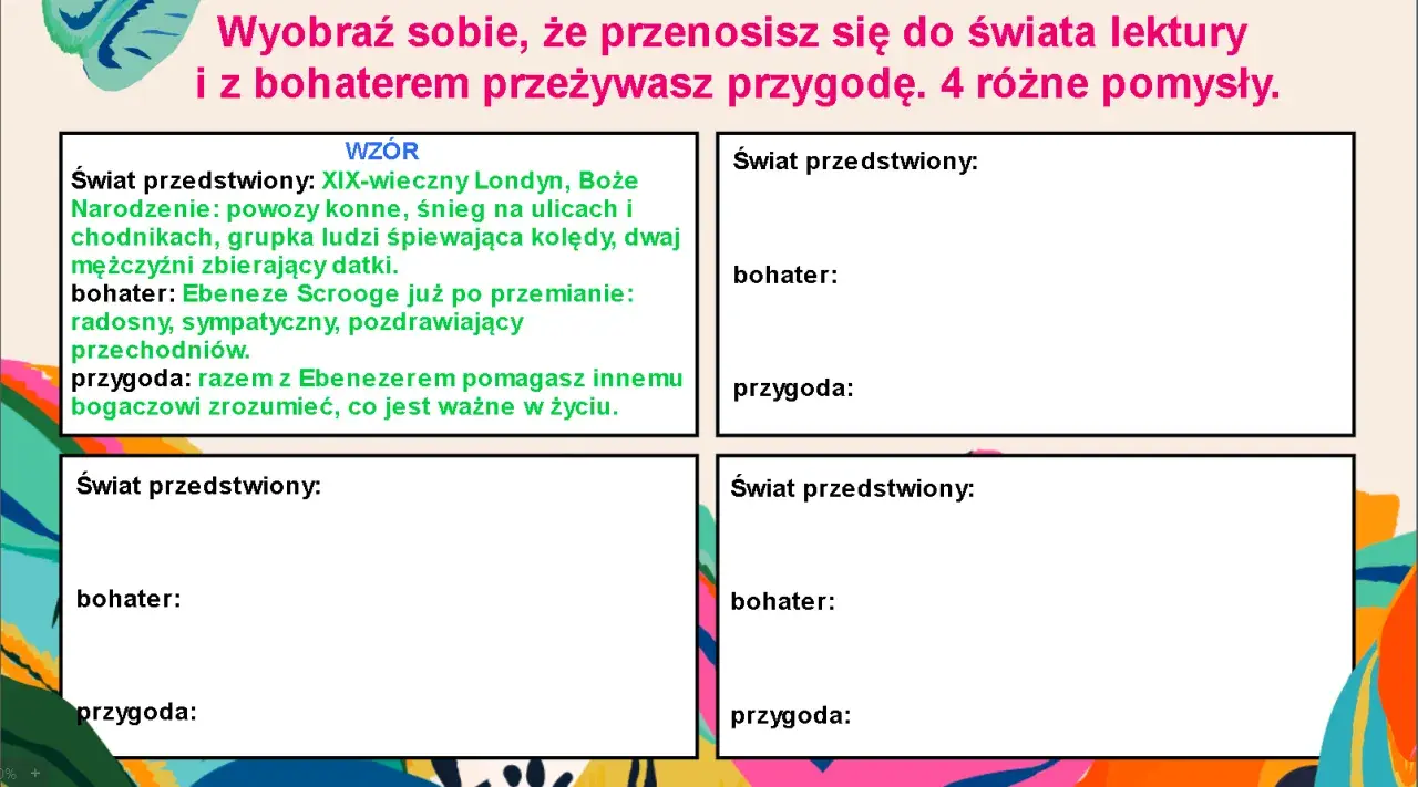 Szablon do tworzenia własnych opowiadań, z polami na świat, bohatera i przygodę. Przykład dotyczy Scrooge'a.