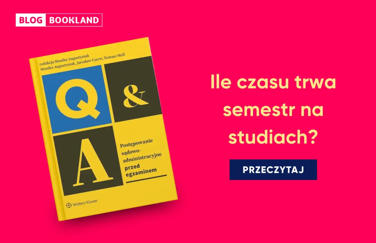 Żółta książka "Q&A" obok pytania "Ile czasu trwa semestr na studiach?".