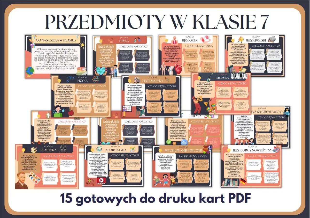 Przedmioty w 7 klasie: fizyka, matematyka, biologia, język polski, etyka, muzyka, chemia, informatyka, plastyka, religia, wychowanie fizyczne, język obcy.