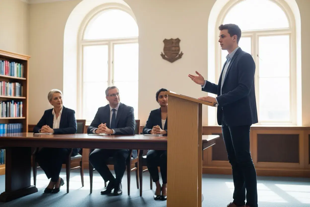 Młody mężczyzna prezentuje swoją obronę pracy licencjackiej przed komisją.