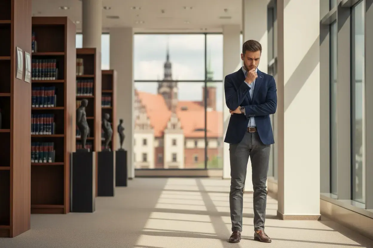 Młody prawnik zastanawia się, ile trwają studia prawnicze, stojąc w bibliotece z widokiem na zabytkowe budynki.