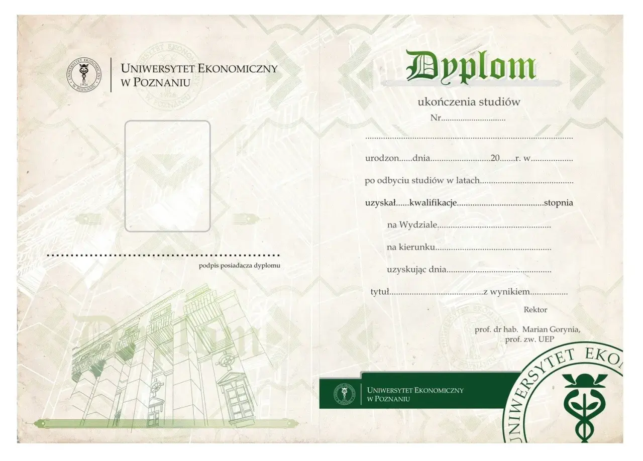Dyplom ukończenia studiów Uniwersytetu Ekonomicznego w Poznaniu, symboliczny dokument potwierdzający zakończenie edukacji i osiągnięcie celu, jakim jest **graduation**.