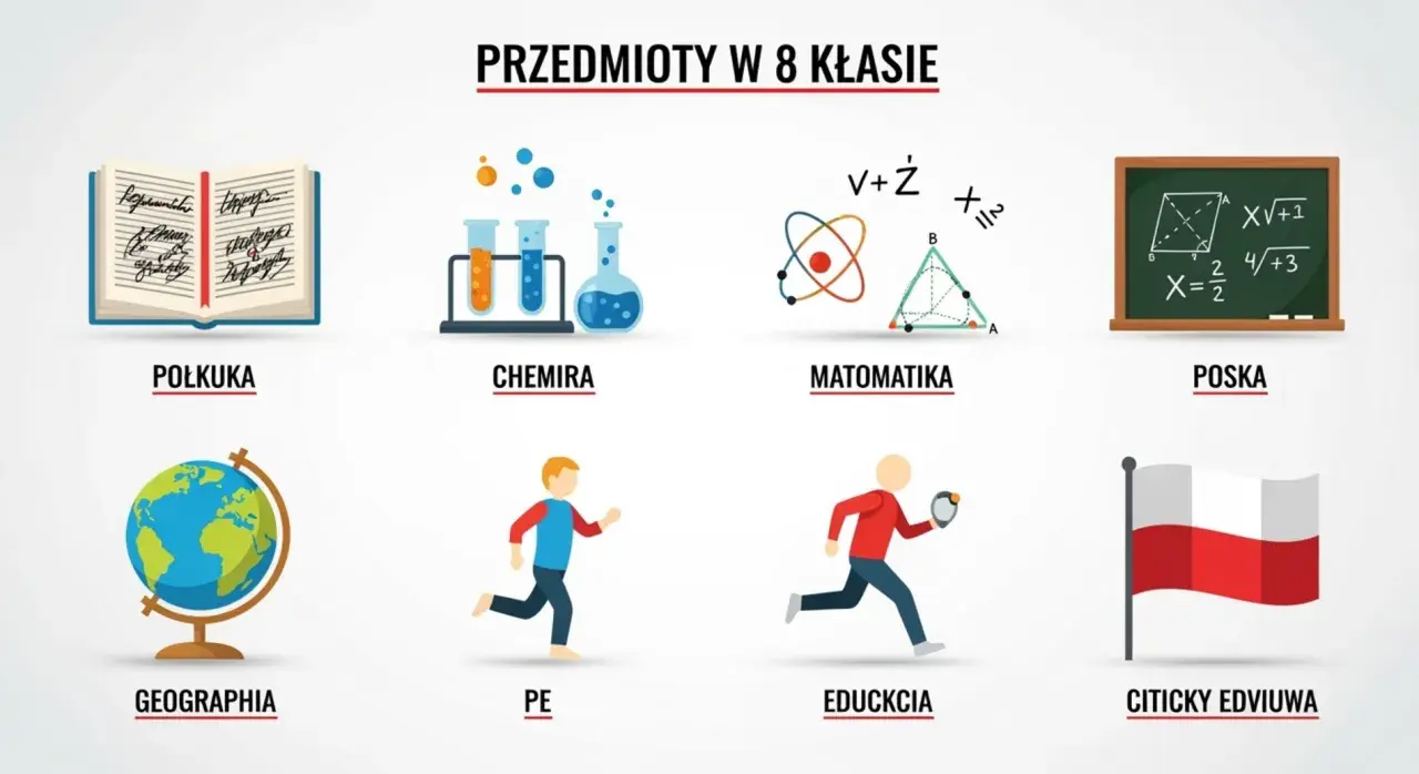 Ilustracja przedstawia przedmioty w 8 klasie: książkę (polski), probówki (chemia), wzory matematyczne, tablicę (matematyka), globus (geografia), biegaczy (WF), flagę (WOS).
