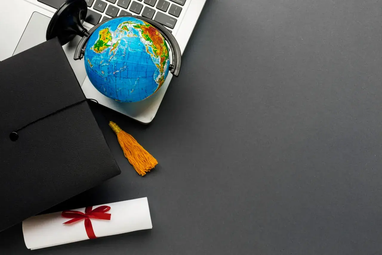 Dyplom, czapka absolwenta i globus na laptopie symbolizują globalne wykształcenie i nostryfikację.
