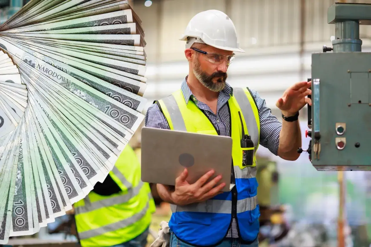 Doświadczony monter w kamizelce odblaskowej i kasku, z laptopem w ręku, obsługuje maszynę. Obok wachlarz banknotów 100 zł.