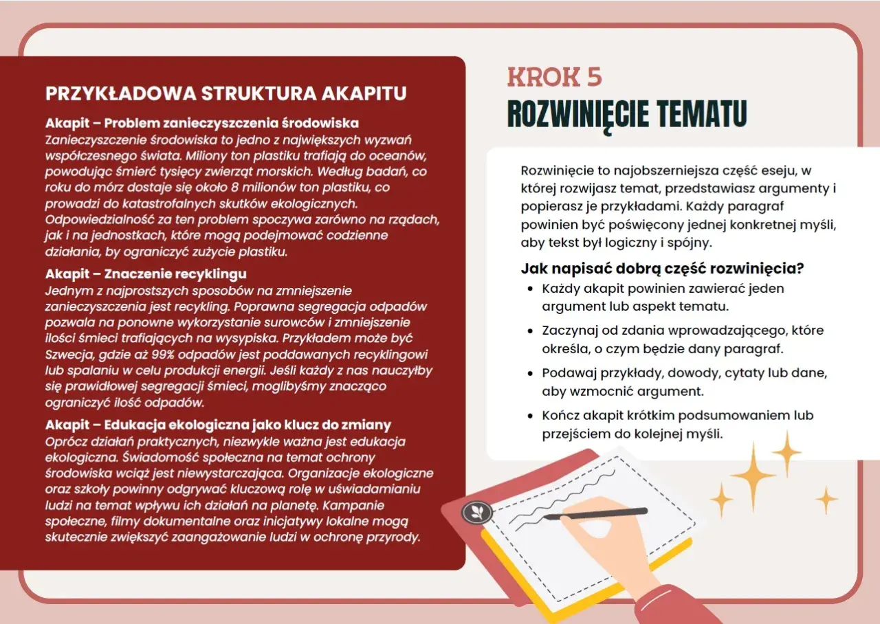 Jak napisać esej: Krok 5 - rozwinięcie tematu. Porady dotyczące tworzenia argumentów, przykładów i struktury akapitów.