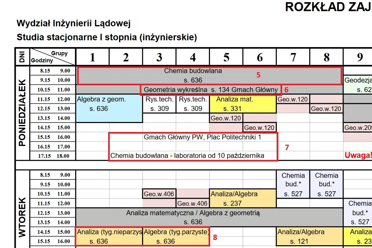 Plan zajęć studenta inżynierii lądowej: poniedziałek - chemia budowlana, wtorek - analiza matematyczna.