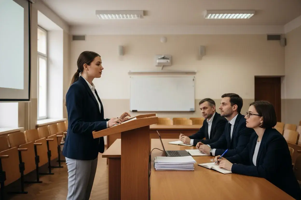 Studentka prezentuje swoją pracę licencjacką przed komisją egzaminacyjną.