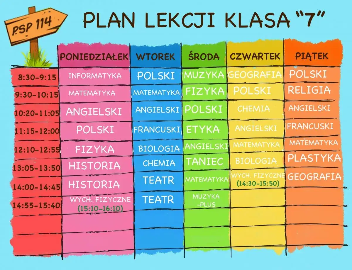 Plan lekcji klasy 7: informatyka, matematyka, angielski, polski, fizyka, historia, wychowanie fizyczne, teatr, muzyka, religia, plastyka, geografia, etyka, chemia, biologia, taniec, francuski.