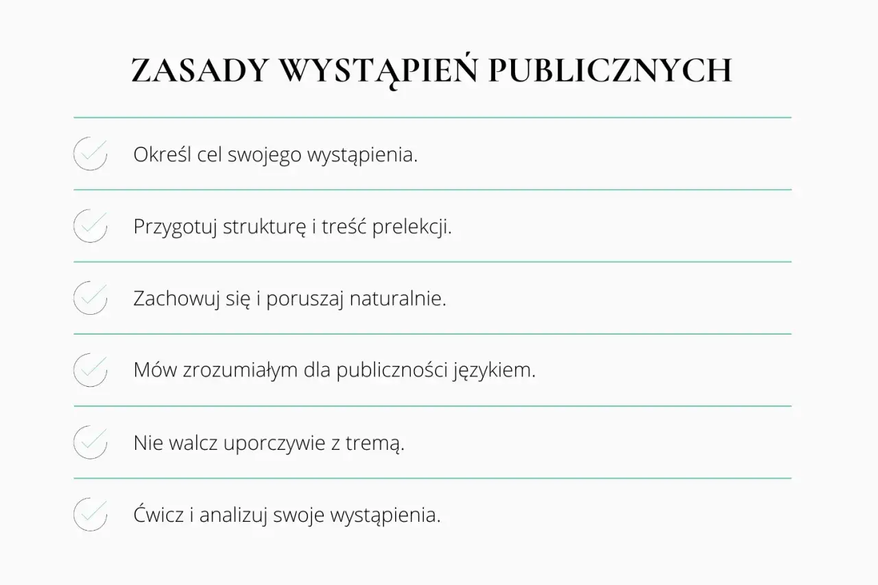 Zasady udanego wystąpienia publicznego: określ cel, przygotuj treść, mów zrozumiale, ćwicz.