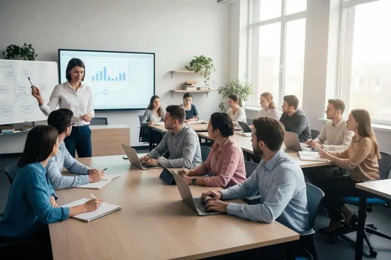 Grupa osób uczestniczy w szkoleniu, które może być częścią studiów hybrydowych. Nauczycielka prezentuje materiał, a studenci notują i pracują na laptopach.