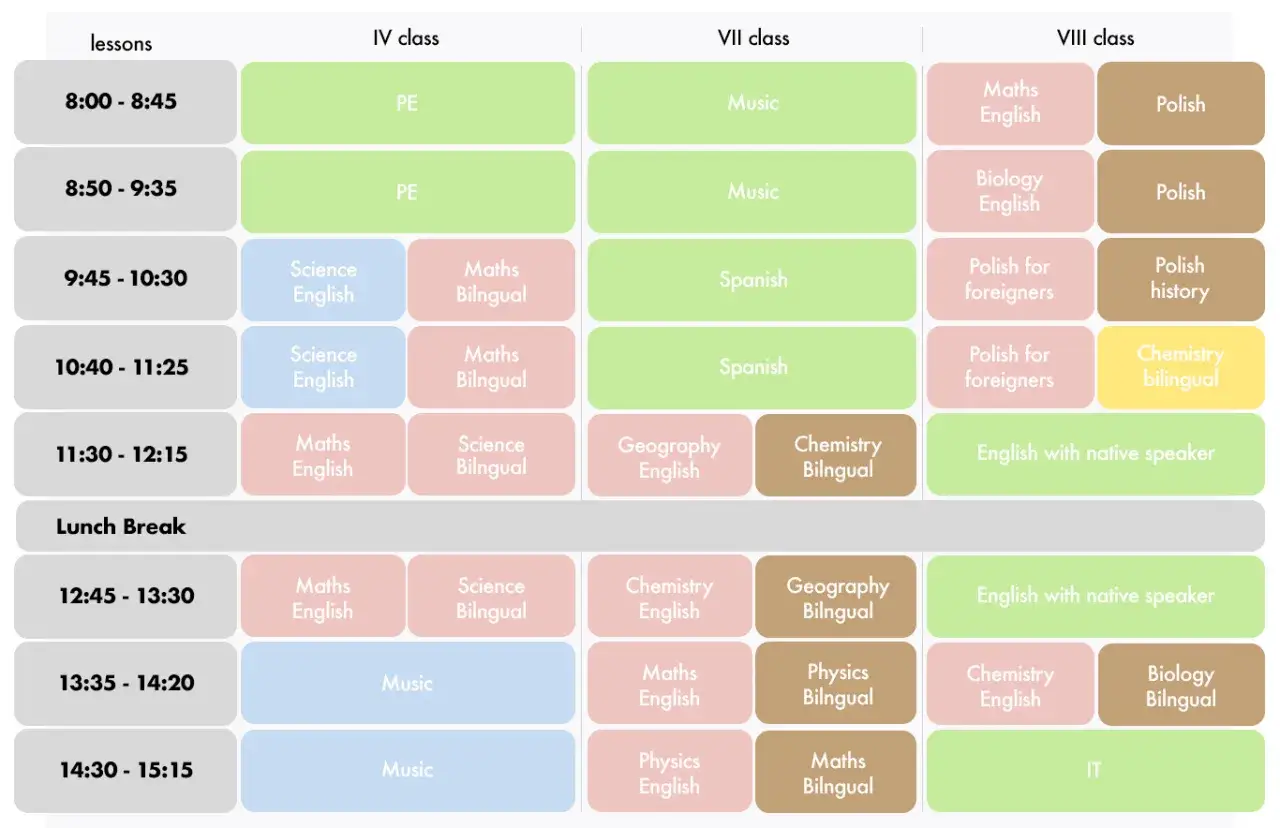 Plan lekcji dla klasy VIII: matematyka, biologia, język polski, historia, chemia, angielski z native speakerem, IT.