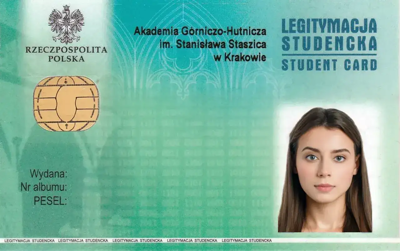 Legitymacja studencka AGH z wizerunkiem młodej kobiety. Dokument potwierdza tożsamość studenta, legitymacja studencka mobywatel.