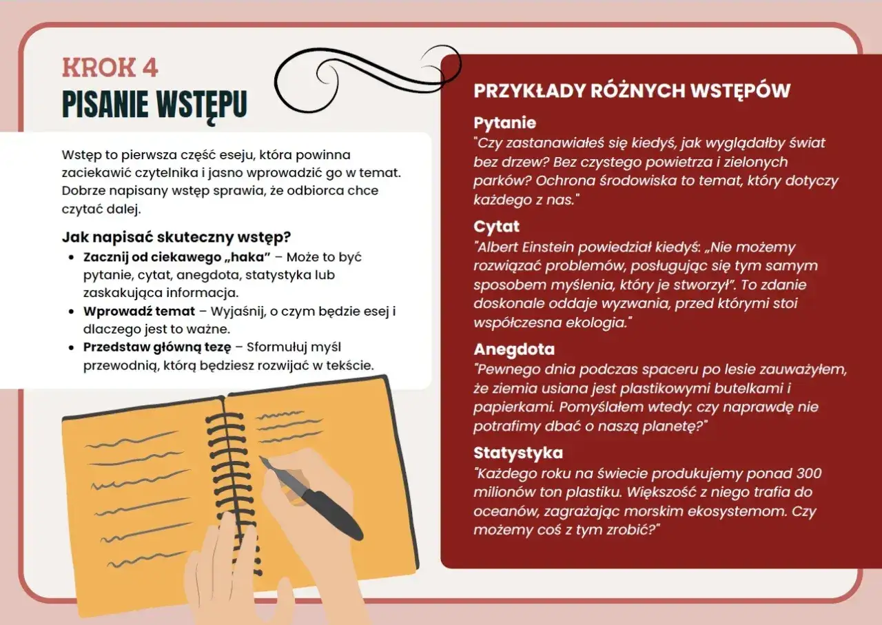 Jak napisać esej: poradnik krok po kroku. Wstęp, haczyk, teza i przykłady.
