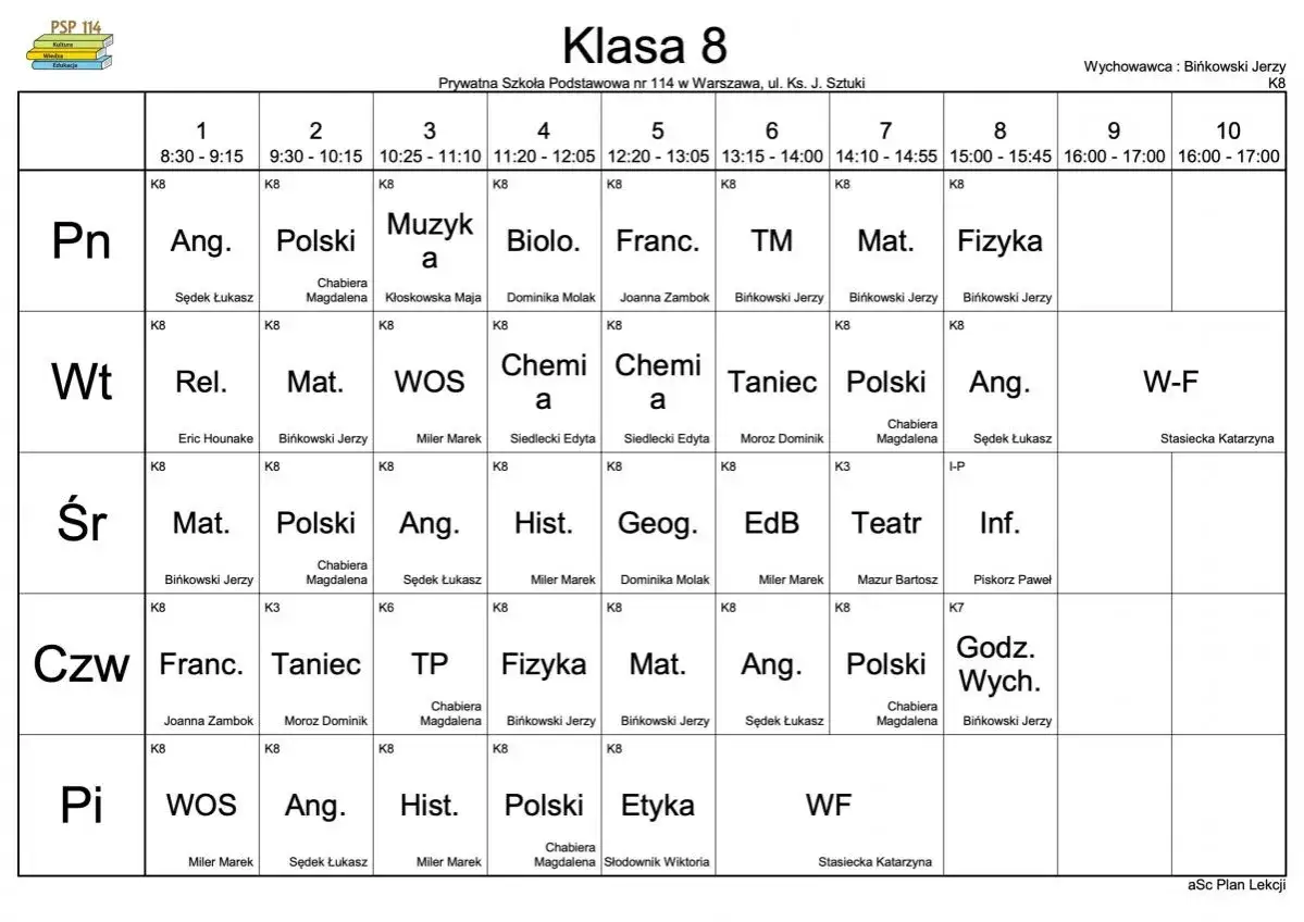 Plan lekcji dla klasy 8, gdzie uczniowie w wieku 14-15 lat mają zajęcia z polskiego, matematyki, fizyki i innych przedmiotów.