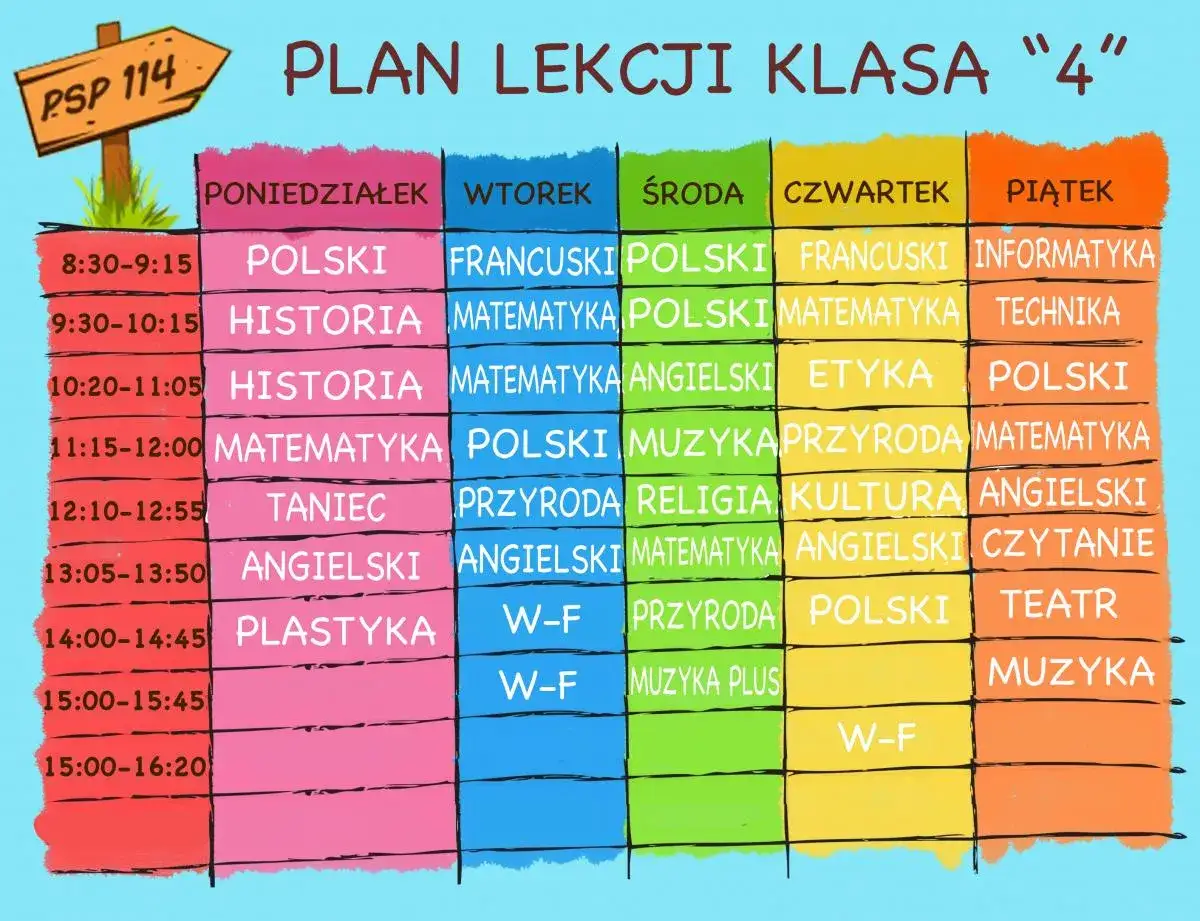 Plan lekcji klasy 4: polski, historia, matematyka, angielski, plastyka, taniec, WF, muzyka, przyroda, etyka, informatyka, technika, czytanie, teatr.