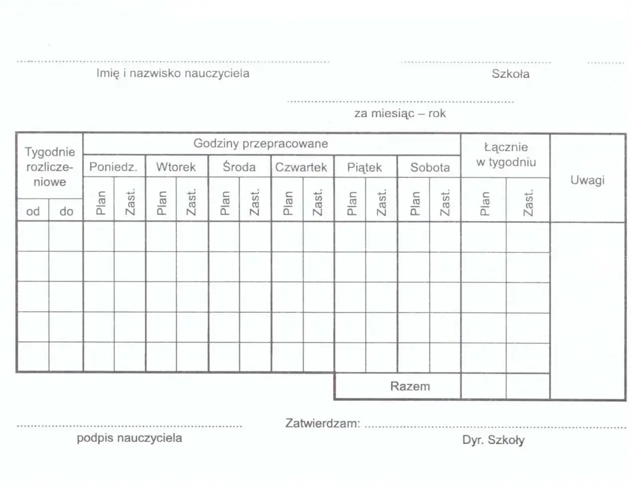 Formularz do rozliczania nadgodzin nauczycieli, z podziałem na dni tygodnia i rodzaje zajęć (plan, zastępstwo).