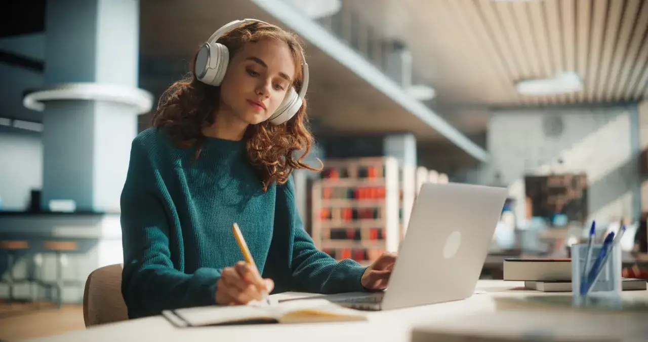 Dziewczyna w słuchawkach uczy się do egzaminów, realizując studia licencjackie online. Notuje w zeszycie, skupiona na ekranie laptopa.