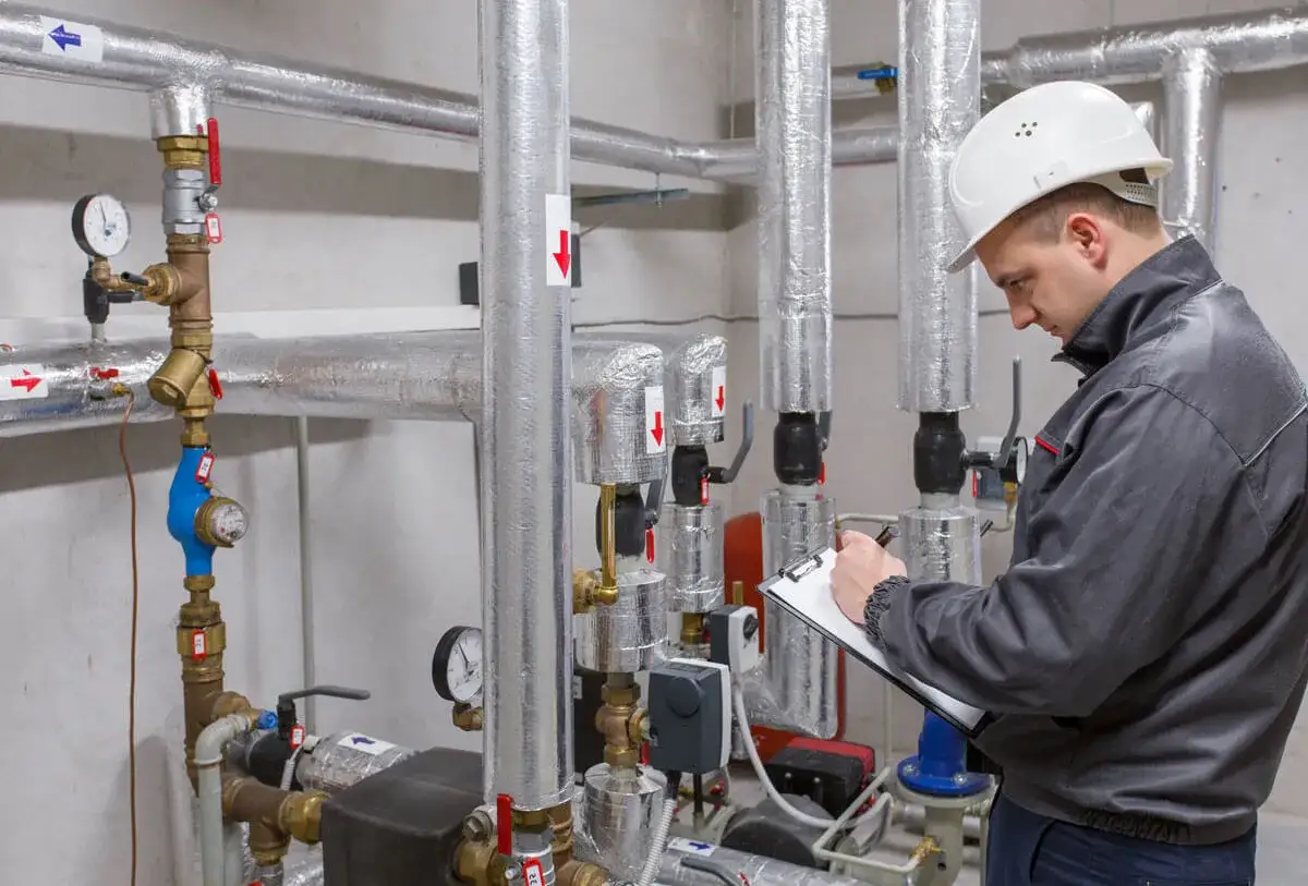 Doświadczony monter w białym kasku sprawdza instalację grzewczą, notując dane na tablicy.